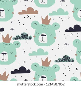 Seamless scandinavian style childish pattern with cute bears. Fashionable template for design. Vector illustration.