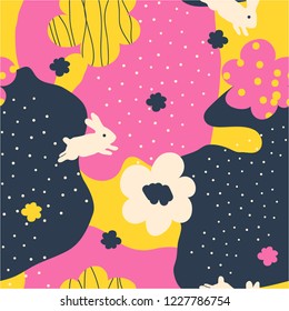 Seamless scandinavian style childish pattern with cute bunnies and flowers. Fashionable template for design. Vector illustration.