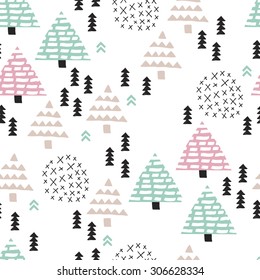 Seamless scandinavian style illustration forest tree christmas theme background soft blue pink pattern in vector 