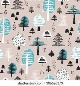 Seamless scandinavian style illustration forest tree christmas theme background pastel powder blue pattern in vector 