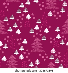 Seamless scandinavian style illustration forest tree christmas theme background pink and red pattern in vector 