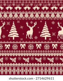 Fondo de Vector de punto de estilo escandinavo sin fisuras con copos de nieve de árboles de Navidad de renos y Elementos de invierno geométricos Adecuado para Fondo de pantalla de impresión de tela textil