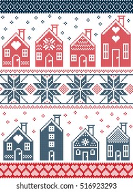 Seamless Scandinavian Style And Nordic Culture Inspired Christmas And Festive Winter Pattern In Cross Stitch Style With Gingerbread House Village Including Decorative Elements In Red, White , Blue
