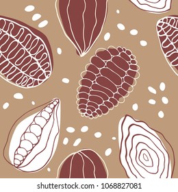 Seamless Scandinavian style pattern with cocoa fruits, minimal hand drawn