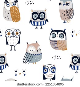 Seamless scandinavian style pattern with cute funky owls. Childish hand drawn owl birds background. Ideal for fabrics, textiles, apparel, wallpaper.