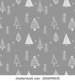 Seamless scandinavian style patterns from hand drawn stylized Christmas trees. Vector backgrounds for gift wrapping, wallpaper, textile designs. 
