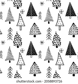 Patrones de estilo escandinavo sin foco de árboles de Navidad estilizados a mano. Fondos vectoriales para envoltura de regalo, papel pintado, diseños textiles. 