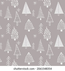 Seamless scandinavian style patterns from hand drawn stylized Christmas trees. Vector backgrounds for gift wrapping, wallpaper, textile designs.