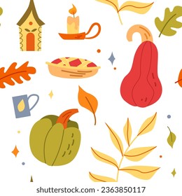 Calabaza de estilo escandinavo, hojas de otoño, pie, vara y patrón de planta. Fondo vectorial de la Rústica.