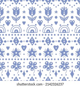 Seamless scandinavian style simple pattern with blue elements. Stars, flowers, hearts and dots. White background. Fabric print, paper print, home textile design concept.