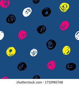 Seamless Scandinavian tangled pattern. Orange, White, Black, pink, Yellow messy hand-drawn circles on Blue background. Neutral cozy ornament. Vector stock illustration for wallpaper, wrapping paper 