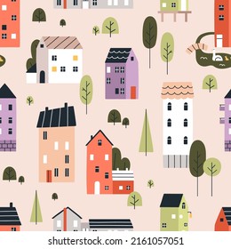 Seamless Scandinavian town pattern. Endless background with cute small houses, trees. Repeating print of sweet homes in Nordic Scandi style. Repeatable texture. Colored flat vector illustration