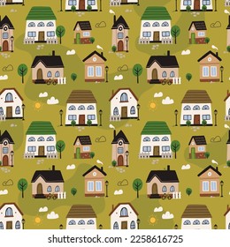 Seamless Scandinavian town pattern. Endless background with cute small houses, trees. Repeating print of sweet homes in Nordic Scandi style. Repeatable texture. Colored flat vector illustration