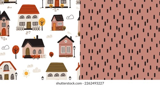Seamless Scandinavian town pattern. Endless background with cute small houses, autumn trees. Repeating print of sweet homes in Nordic Scandi style. Repeatable texture. Colored flat vector illustration