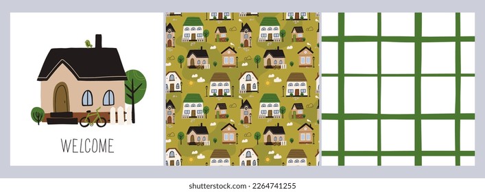 Seamless Scandinavian town pattern. Endless background with cute small houses, autumn trees. Repeating print of sweet homes in Nordic Scandi style. Repeatable texture. Colored flat vector illustration