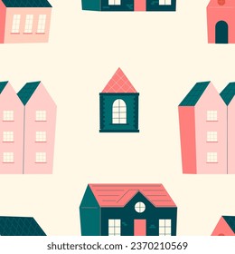 Seamless Scandinavian town pattern. Endless background with cute small houses. Repeating print of sweet homes in Nordic Scandi style. Repeatable texture. Colored flat vector illustration