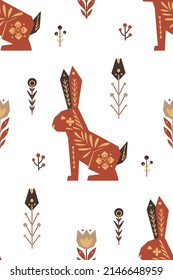 Seamless scandinavian vector pattern with easter bunnies with folk art on white background. Festive texture with hares and floral decorations. Fabric swatch with geometric animal