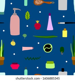 Seamless scandinavian vector pattern. Hand-drawn cosmetics, makeup and plants, dots on classic blue background. Cute illustration for beauty salons, women's day, textile, wrapping paper. Personal care