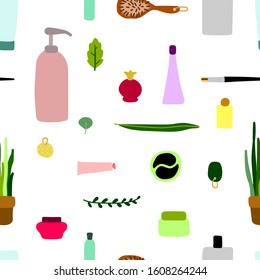 Seamless scandinavian vector pattern. Hand-drawn cosmetics, makeup and plants isolated on white background. Cute illustration for beauty salons, women's day, textile, wrapping paper. Personal care
