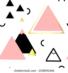 Seamless Scandinavian vector pattern. Pink, black, golden geometric shapes isolated on a white background. Triangles, mountains, semicircles. Hand-drawn illustration for wallpapers, wrapping paper