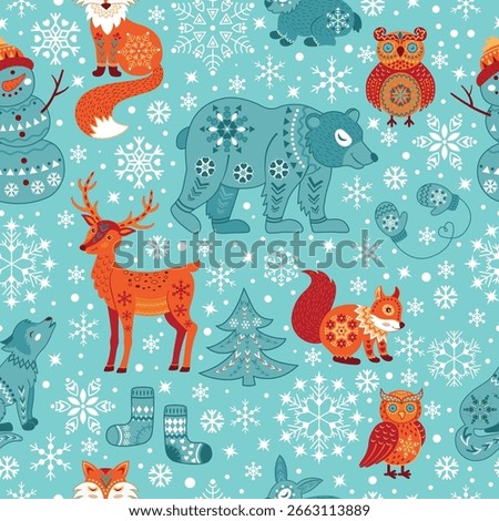 Seamless Scandinavian winter pattern with stylized foxes, bears, deer, owls, squirrels, snowflakes, Christmas tree and snowman. Festive folk art design for textiles, wrapping paper and holiday decor.