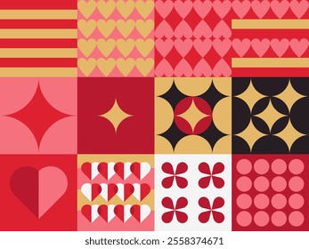Seamless Scandinavian-style pattern featuring geometric flowers, hearts, and decorative shapes in a flat design. Perfect for Valentines Day or romantic celebrations.