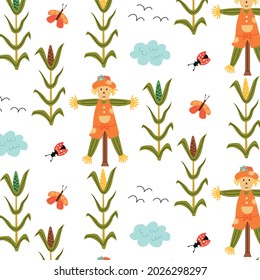 Seamless Scarecrow Corn Pattern. Repetitive background with a rustic motif. Vector hand draw paper, nursery design wallpaper