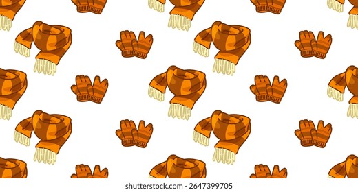Seamless Scarf Mittens Pattern. Seamless pattern with orange plaid scarves and striped mittens in flat cartoon style. Cozy autumn winter design on white background.