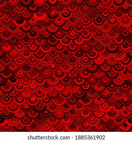 Seamless scarlet chain mail dragon scales. Red ruby trendy color and dark rounds. Abstract texture for textile or wrapping paper prints.