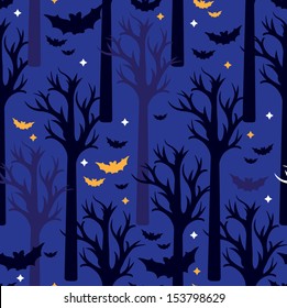 Seamless scary bats and dark forest night halloween background pattern in vector