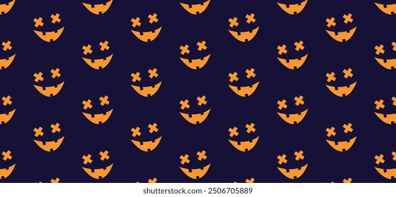 Seamless scary pumpkin face pattern. Vector spooky creepy face icons