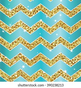 seamless scattered gold sequins, the point with turquoise zigzag, waves