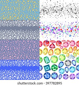 Seamless scattered textures set (gems, crystals, rhinestones), vector illustration
