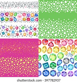 Seamless scattered textures set (gems, crystals, rhinestones), vector illustration