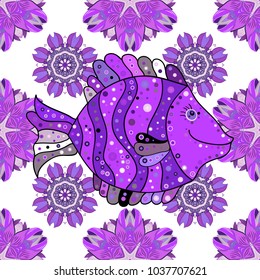 Seamless scene with colorful fish swimming underwater illustration. Fishes on violet, white and neutral colors. Vector illustration.