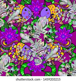 Seamless scene with colorful fish swimming underwater illustration. Vector illustration. Fishes on neutral, purple and gray colors.