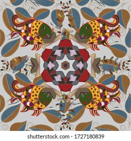 Seamless scene with colorful fish swimming underwater illustration. Vector illustration. Fishes on brown, gray and blue colors.