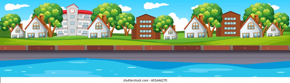 Seamless scene with houses along river illustration