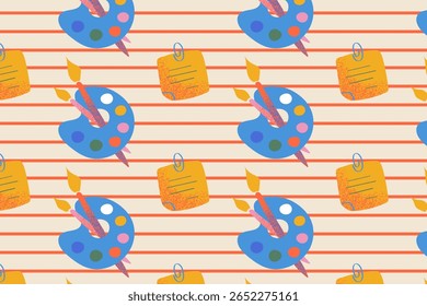 Seamless School Art Supplies Pattern – Paint Palette, Brushes and Notepads on Lined Paper Background for Kids and Education Design