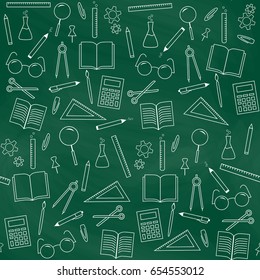 Seamless school background. Green chalkboard. School supplies. Back to school. Education and school concept. Vector illustration