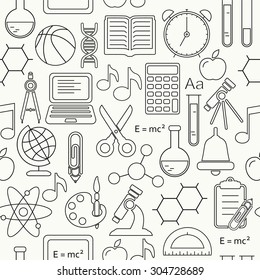 Seamless school background with linear icons. Education line style pattern on white.