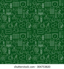 Seamless school background with linear icons. Education line style pattern on green.