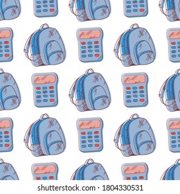 Seamless school background, pattern. Vector. School satchel, calculator.