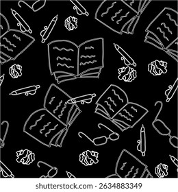 Seamless School Doodle Pattern Books, Pens, Glasses on Black Background