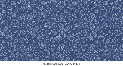 Seamless school doodle pattern with education elements, books pencil, globe, clock and backpack on blue background. Perfect for learning and children design.