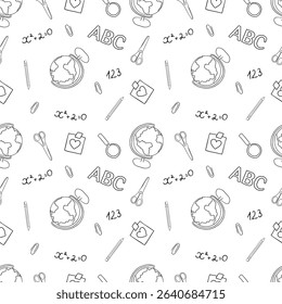 Seamless school doodle pattern with globes, math symbols, pencils and ABC. Perfect for kids, wrapping paper, education projects, and creative backgrounds