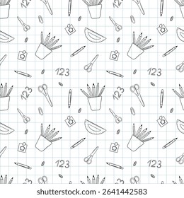 Seamless school doodle pattern with globes, math symbols, pencils and ABC. Perfect for kids, wrapping paper, education projects, and creative backgrounds. Vector illustration
