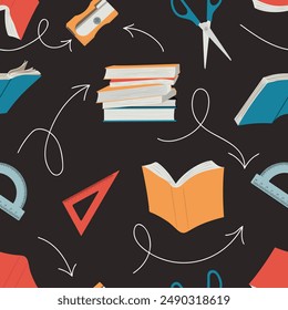 Seamless school elements background. Hand drawn back to school knowledge concept
