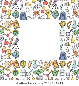 Seamless school frame. Hand drawn doodle school background. Education illustration