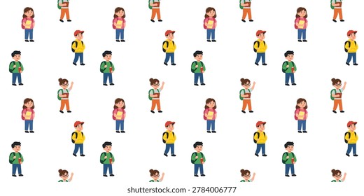 seamless school kids pattern cheerful children group isolated white background illustration